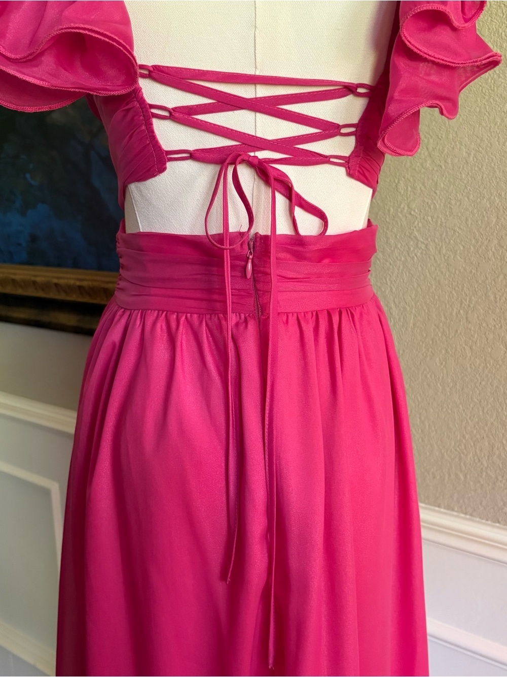 Petal & Pup Flutter Strap Deep V Midi Dress in Hot Pink/Berry. Size small. - Picture 8 of 10